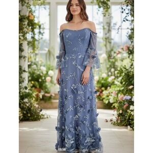 Off-Shoulder Blue Floral Appliqué Maxi Dress